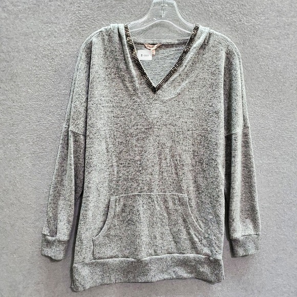 Juicy Couture Women Hoodie Medium Gray Tunic Rhinestones V Neck Pocket Pullover - Picture 1 of 8